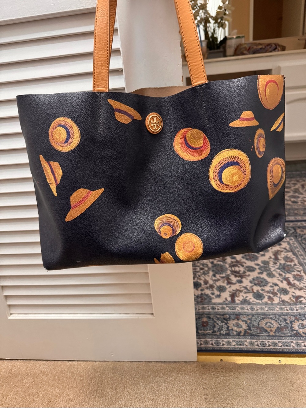 Tory Burch Black Leather Tote with Yellow Hat Motif
